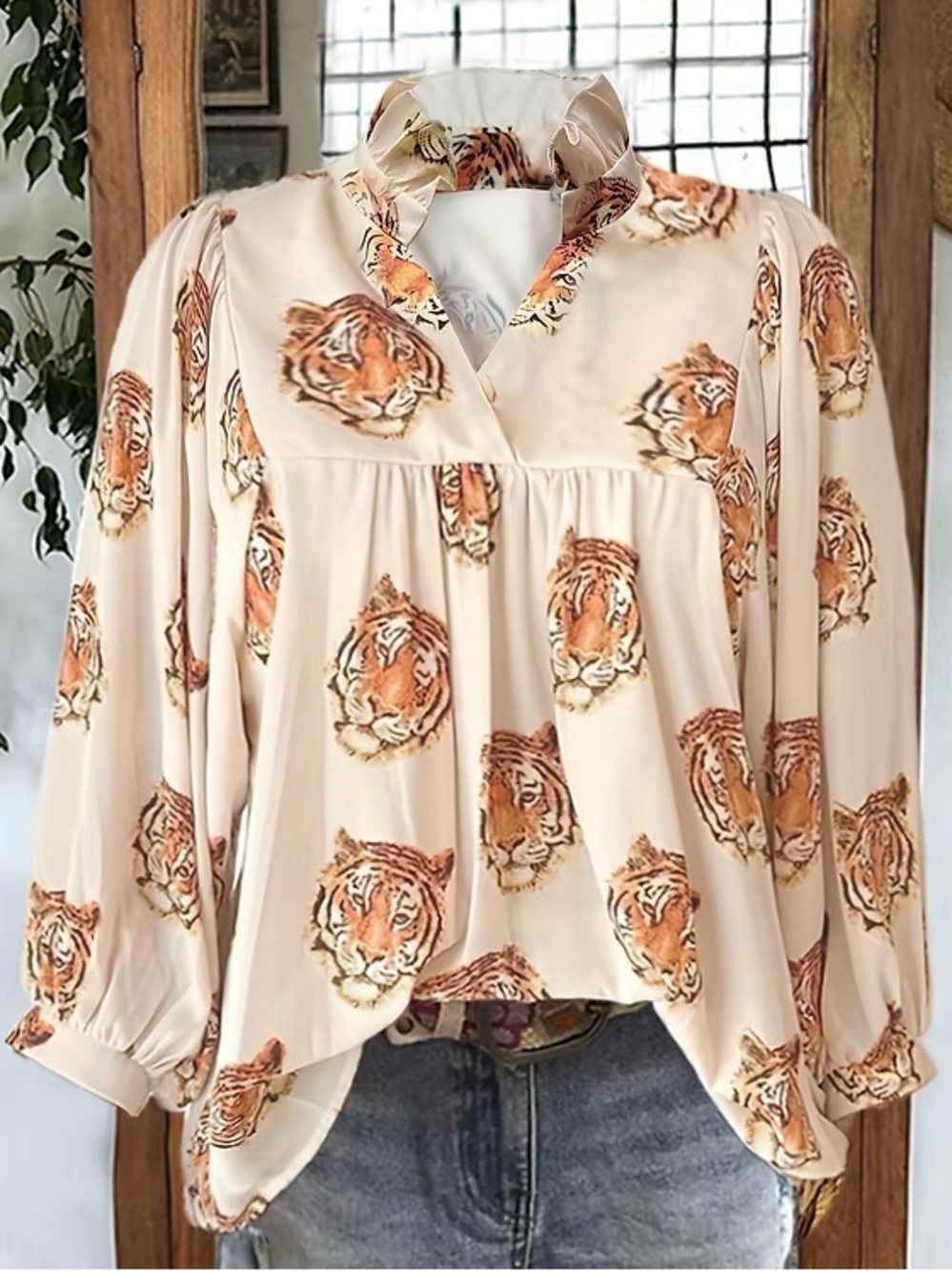 Tigers print blouse top long sleeve ruffle splice high neck LSU clemson bengals